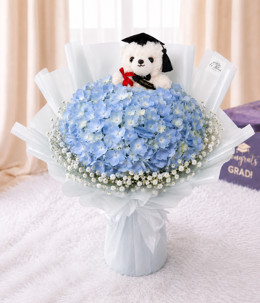 [GRAD] Light Blue Hydrangea & Baby Breath Bouquet with Grad Bear