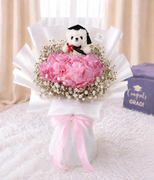 [GRAD] Pink Hydrangea & Baby Breath Bouquet with Grad Bear