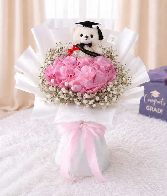 [GRAD] Pink Hydrangea & Baby Breath Bouquet with Grad Bear