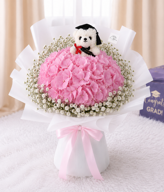 [GRAD] Pink Hydrangea & Baby Breath Bouquet with Grad Bear