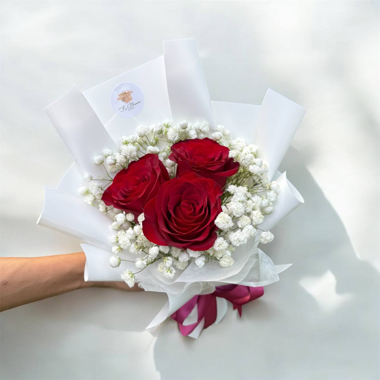 3 Fresh Red Roses with Baby Breath Bouquet