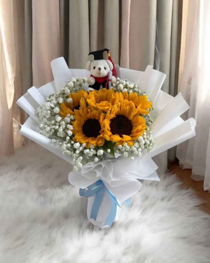 [GRAD] 5 Sunflower & Baby’s Breath Bouquet with Grad Bear