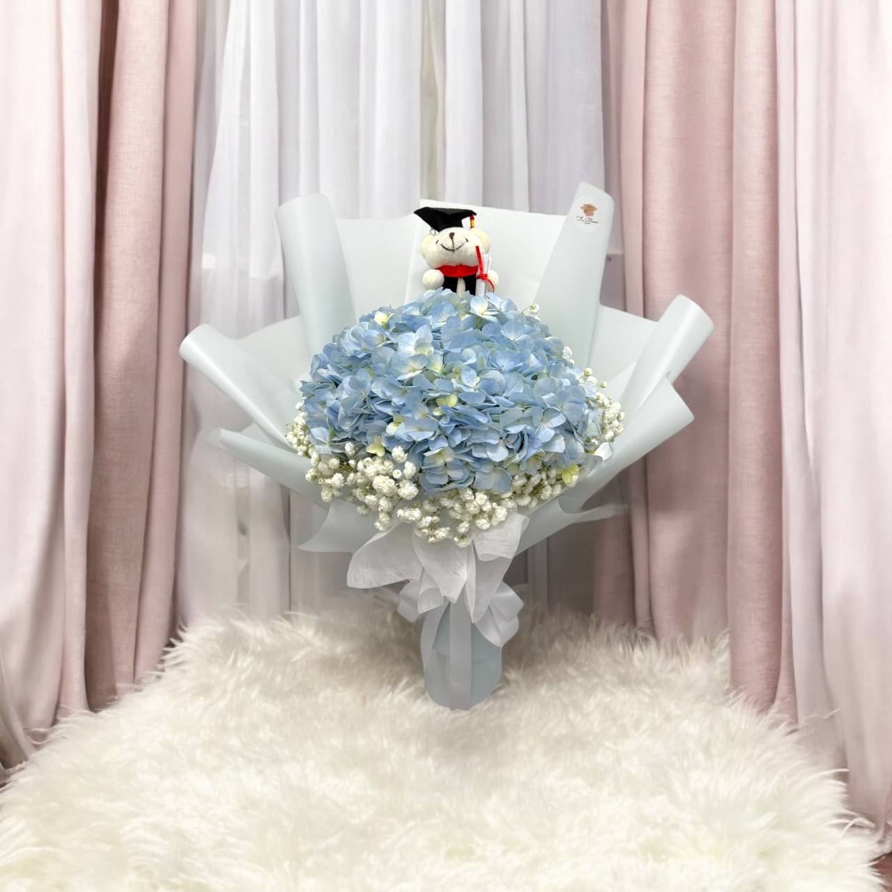 [GRAD] Light Blue Hydrangea & Baby Breath Bouquet with Grad Bear