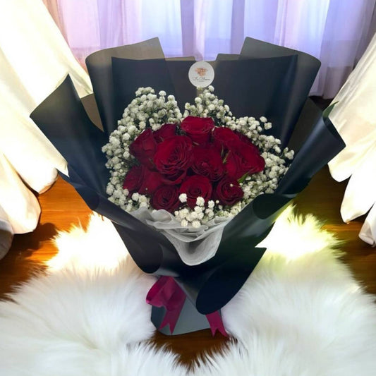 12 Fresh Red Roses with Baby Breath Bouquet
