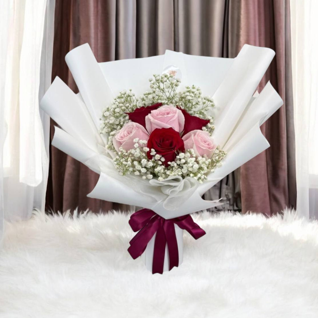6 Fresh Mix Red and Pink Roses & Baby's Breath Bouquet