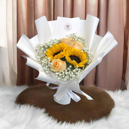 Sunflower & Champagne Roses Bouquet