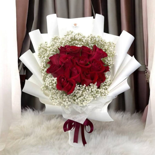 15 Fresh Red Roses with Baby Breath Bouquet