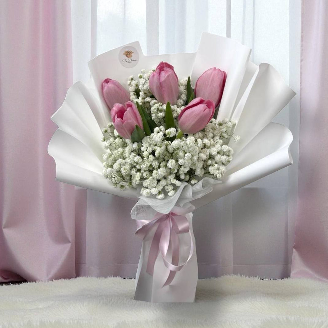 5 Pink Tulips & Baby's Breath