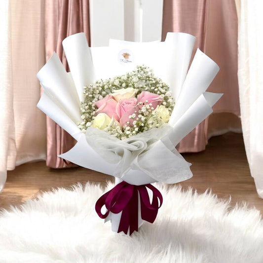 6 Fresh Mix Pink & White Roses & Baby's Breath Bouquet