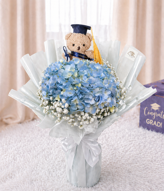 [GRAD] Light Blue Hydrangea & Baby Breath Bouquet with Grad Bear
