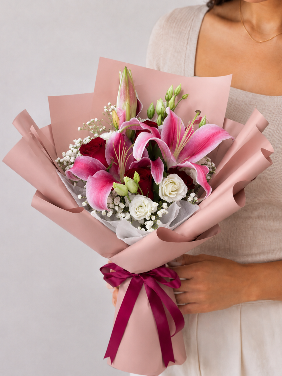 Lily & Roses, Eustoma Bouquet