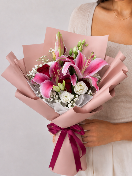 Lily & Roses, Eustoma Bouquet