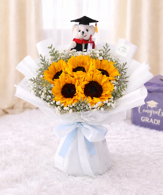 [GRAD] 5 Sunflower & Baby’s Breath Bouquet with Grad Bear