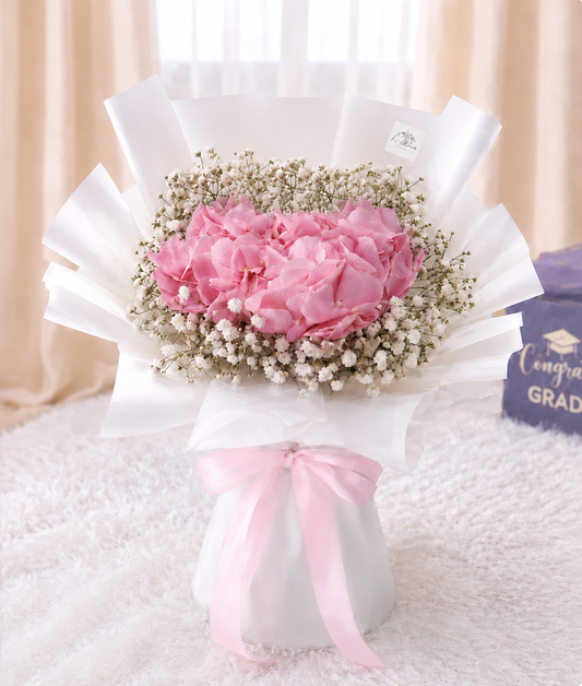 [GRAD] Pink Hydrangea & Baby Breath Bouquet NB