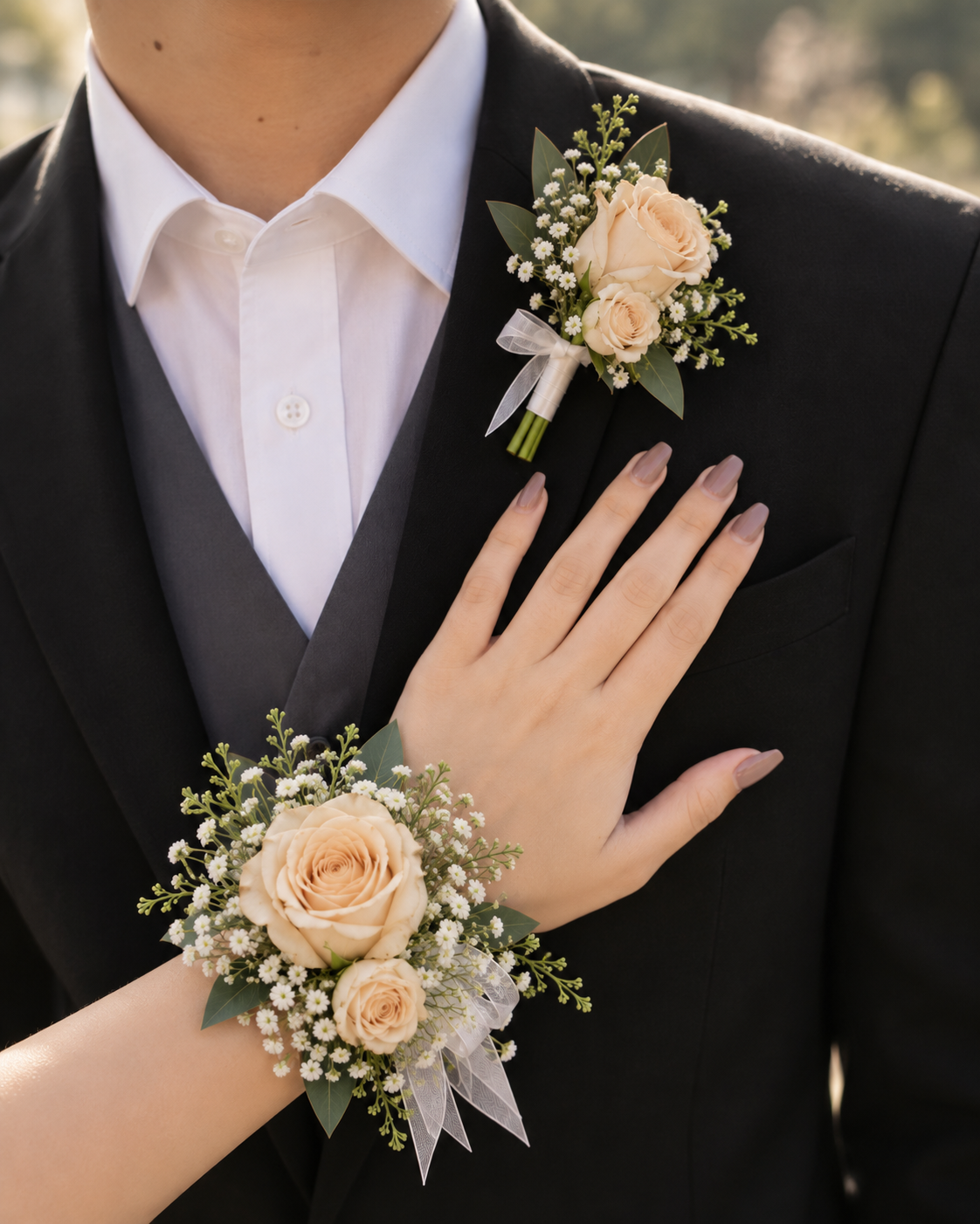 Champagne Themed Corsage & Boutonniere