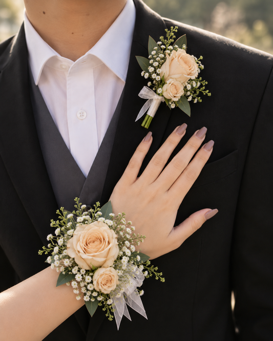 Champagne Themed Corsage & Boutonniere