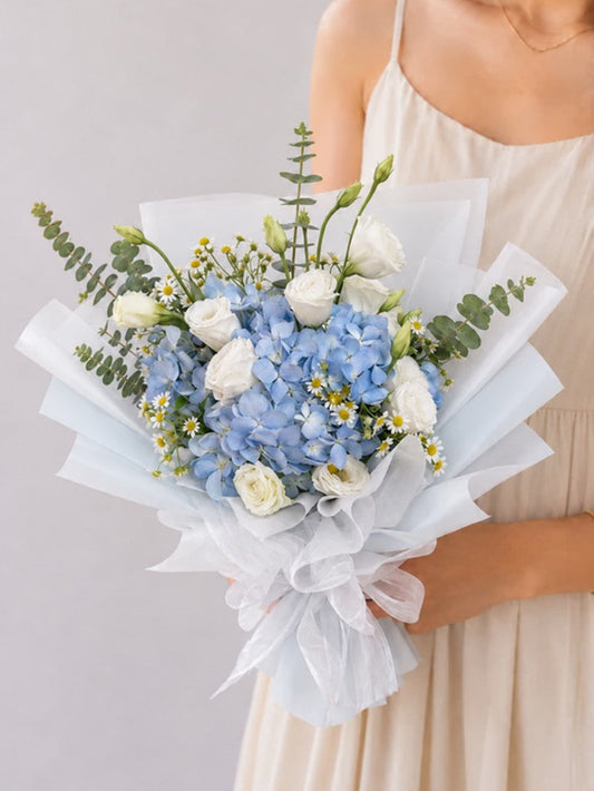 Blue Hydrangea Eustoma Daisy Bouquet
