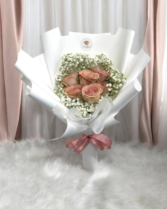 6 Fresh Cappucino Roses & Baby's Breath Bouquet