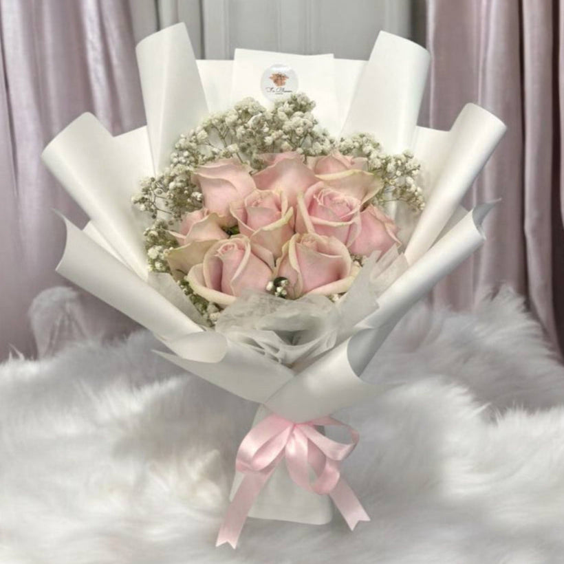 9 Fresh Pink Roses with Baby Breath Bouquet