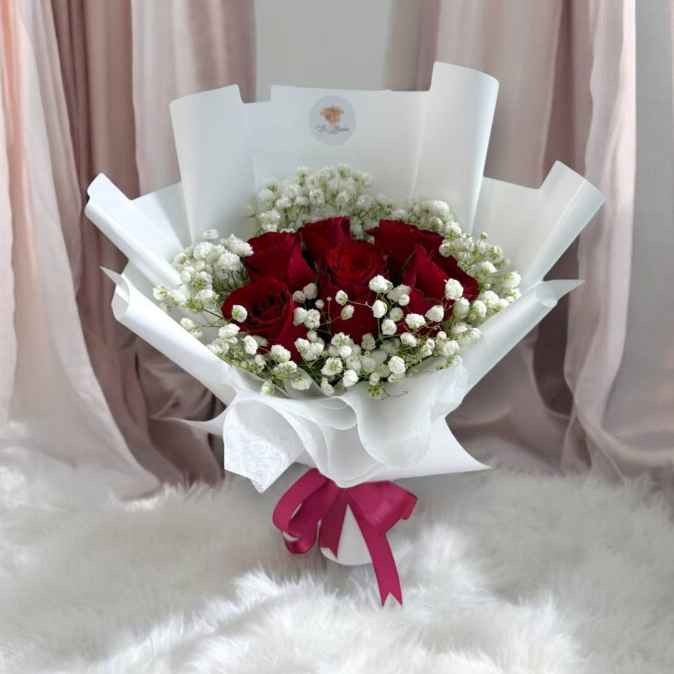 6 Fresh Red Roses & Baby's Breath Bouquet – Fu Bloom Flowers