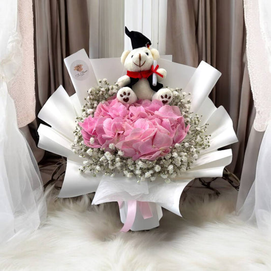 [GRAD] Pink Hydrangea & Baby Breath Bouquet with Grad Bear