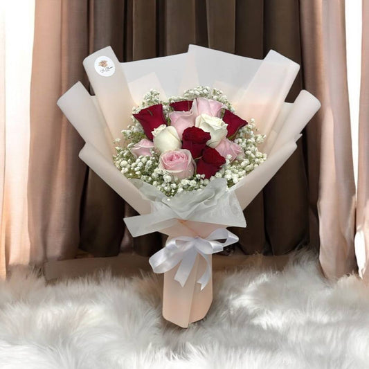 12 Fresh Mix Roses with Baby Breath Bouquet